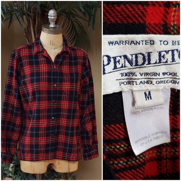 Vintage Women's PENDLETON Tartan Red Plaid Wool Shirt Button Up Long Sleeve Fits Extra Small or Small XS S