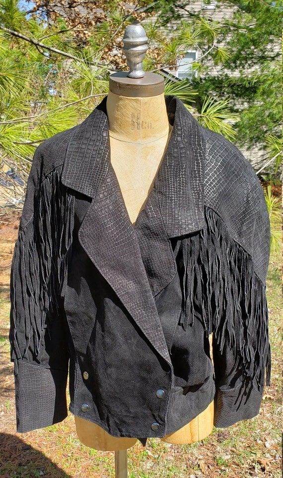 Vintage Black Suede Cropped Leather Fringe Jacket… - image 2