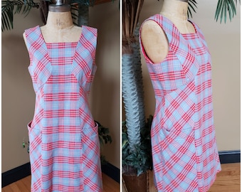 Vintage Red Baby Blue Plaid Shift Dress_Sleevelesss_Striped_BROOKS BROTHERS_Jumper Romper_50's 60's_Fits Womens Size Medium 8