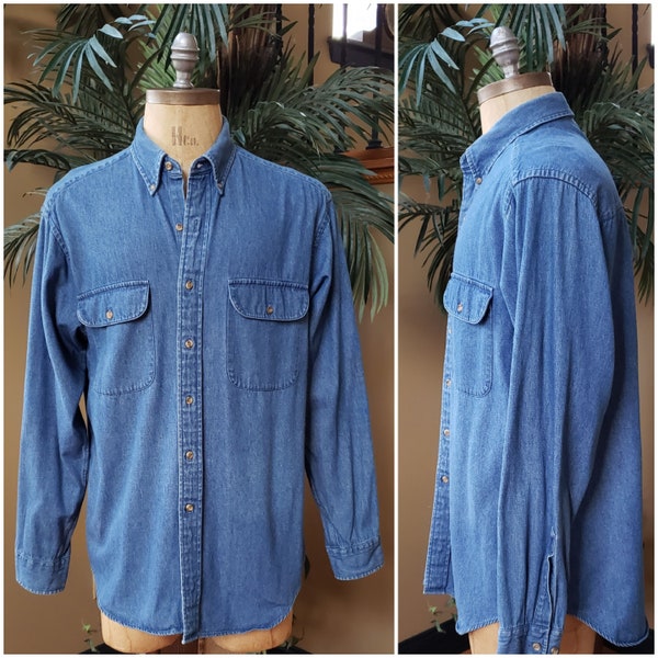 Vintage ROUNDTREE & YORKE Long Sleeve Denim Shirt Blue Jean Button Up Down Oxford 80' 90's 1980's 1990's Size Men's Medium M Large  L #2