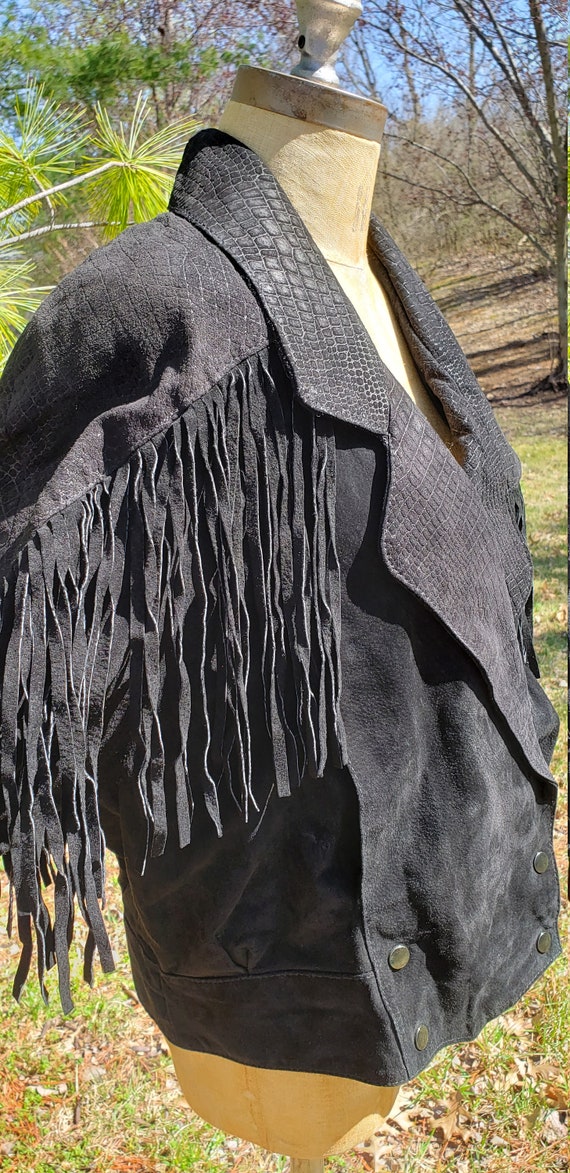 Vintage Black Suede Cropped Leather Fringe Jacket… - image 5