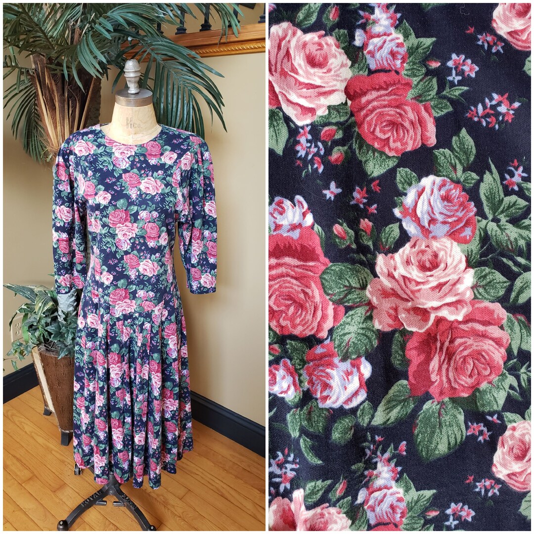 VTG 80s 'JAMIE BROOKE' BLUE FLORAL A-LINE MIDI COTTAGE CORE BOHO DRESS SMALL 8