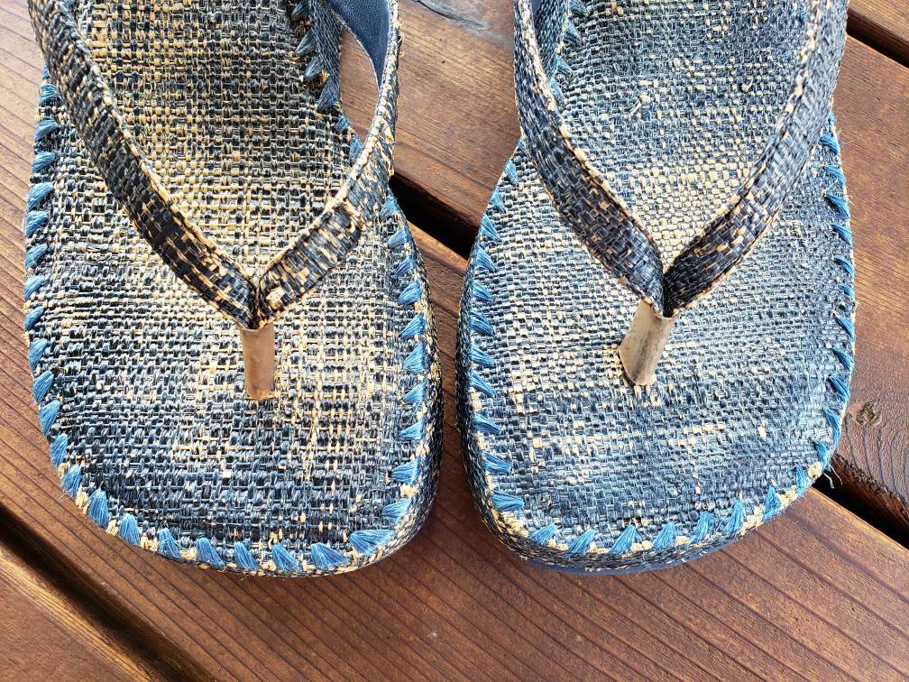 Vintage Natural Straw Sandals with Blue Straps Very RARE Vintage Women main image 3