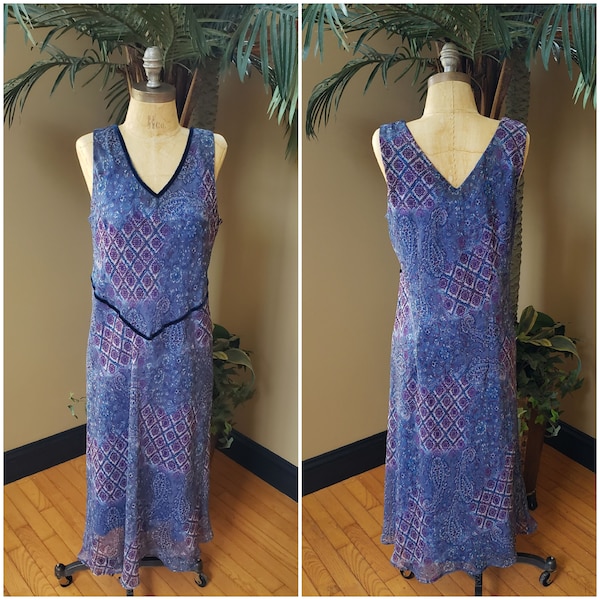 Vintage Floral Paisley Sleeveless Shift Midi Dress Velvet  Blue Pink Purple Geometric 80's 90's 1980's 1990's Fits Women's at least Medium M