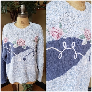 Vintage Spring Floral Grandma Sweater Embroidered Embellished HUNTERS GLEN Lightweight Soft_Baby Blue 80&#39;s 90&#39;s Fit Womens Size to Large L