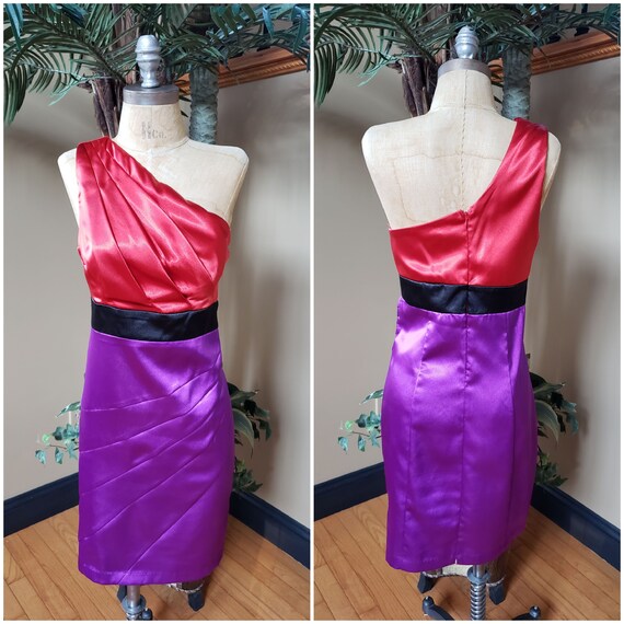 Vintage Sexy One Shoulder Satin Color Block Mini … - image 1