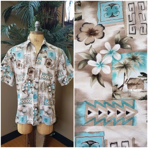 May include: A short-sleeved, beige button-up shirt with a tropical print featuring palm trees, flowers, and geometric patterns in shades of brown, blue, and white.