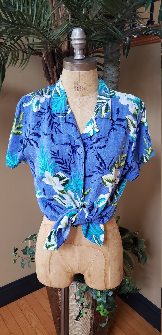 Vintage Womens HAWAIIAN Rayon Blue Green Floral S… - image 7