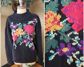 Vintage Black Floral Mockneck Sweater Chunky Embroidered Multicolor Colorful ONE STEP UP Fit Womens Size Medium M 1980's 80's 1990's 90's