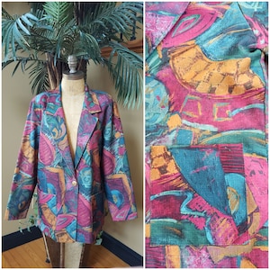 Vintage Abstract Lightweight Blazer Jacket BLAIR BOUTIQUE Geometric Colorful Multicolor Button Up Coat Fit Womens Size Large L 80&#39;s 90&#39;s Y2K