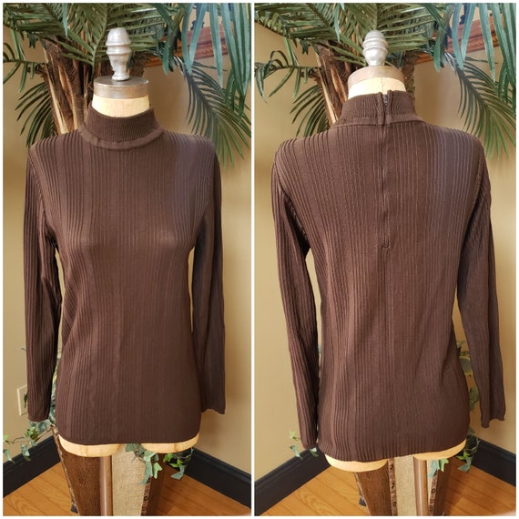 Vintage 70's Brown Ribbed Turtleneck Shirt Top Bl… - image 1