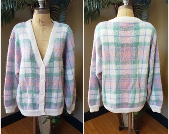Vintage 80's 90's Cardigan Sweater_Acrylic Plaid Pastel_ALFRED DUNNER_Fuzzy Soft Lightweight Comfy_1980's 1990's_Womens up to Size Large L
