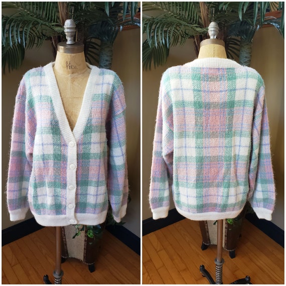 Vintage 80's 90's Cardigan Sweater_Acrylic Plaid … - image 1