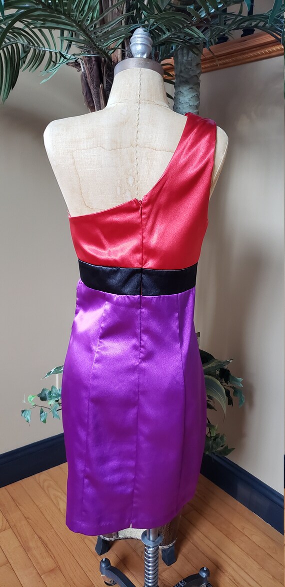 Vintage Sexy One Shoulder Satin Color Block Mini … - image 5