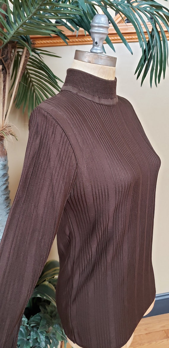 Vintage 70's Brown Ribbed Turtleneck Shirt Top Bl… - image 4