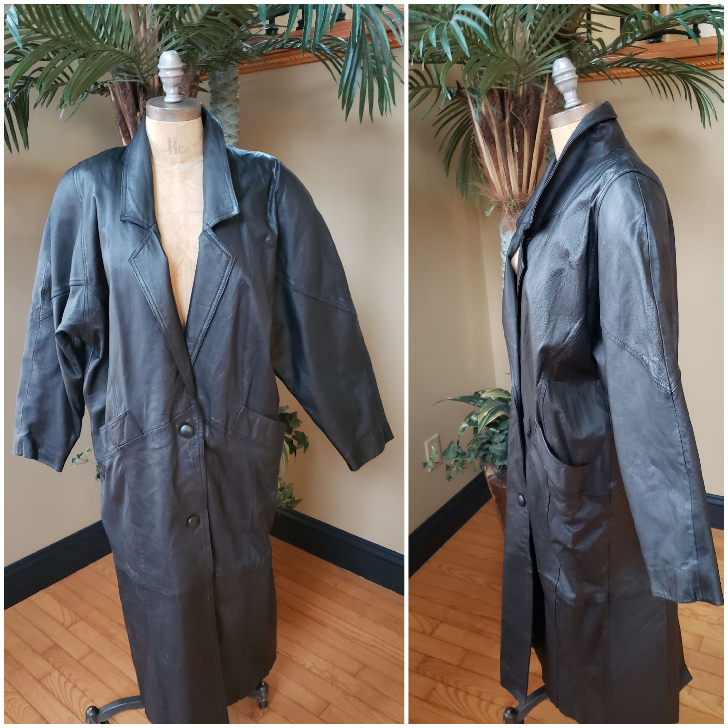 Vintage ADA Black Long Leather Coat Trench Trenchcoat Duster