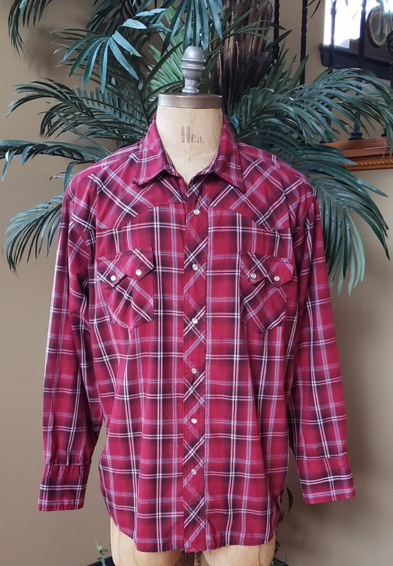 Vintage WRANGLER Western Burgundy Red Plaid Shirt… - image 2