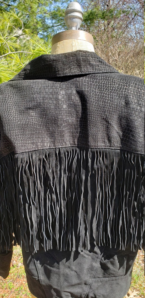 Vintage Black Suede Cropped Leather Fringe Jacket… - image 8