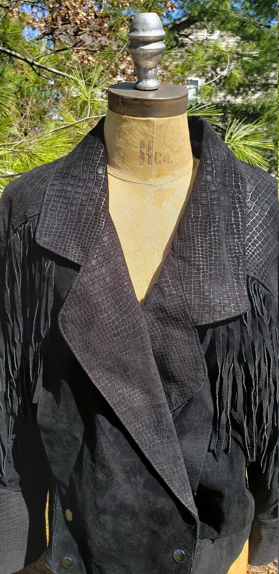 Vintage Black Suede Cropped Leather Fringe Jacket… - image 3
