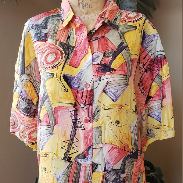 Vintage Womens THE LIMITED Geometric Silk Shirt_Short Sleeve Button Up Silky_Super Oversized_Fits Size up to Large L - Extra Large XL_80's