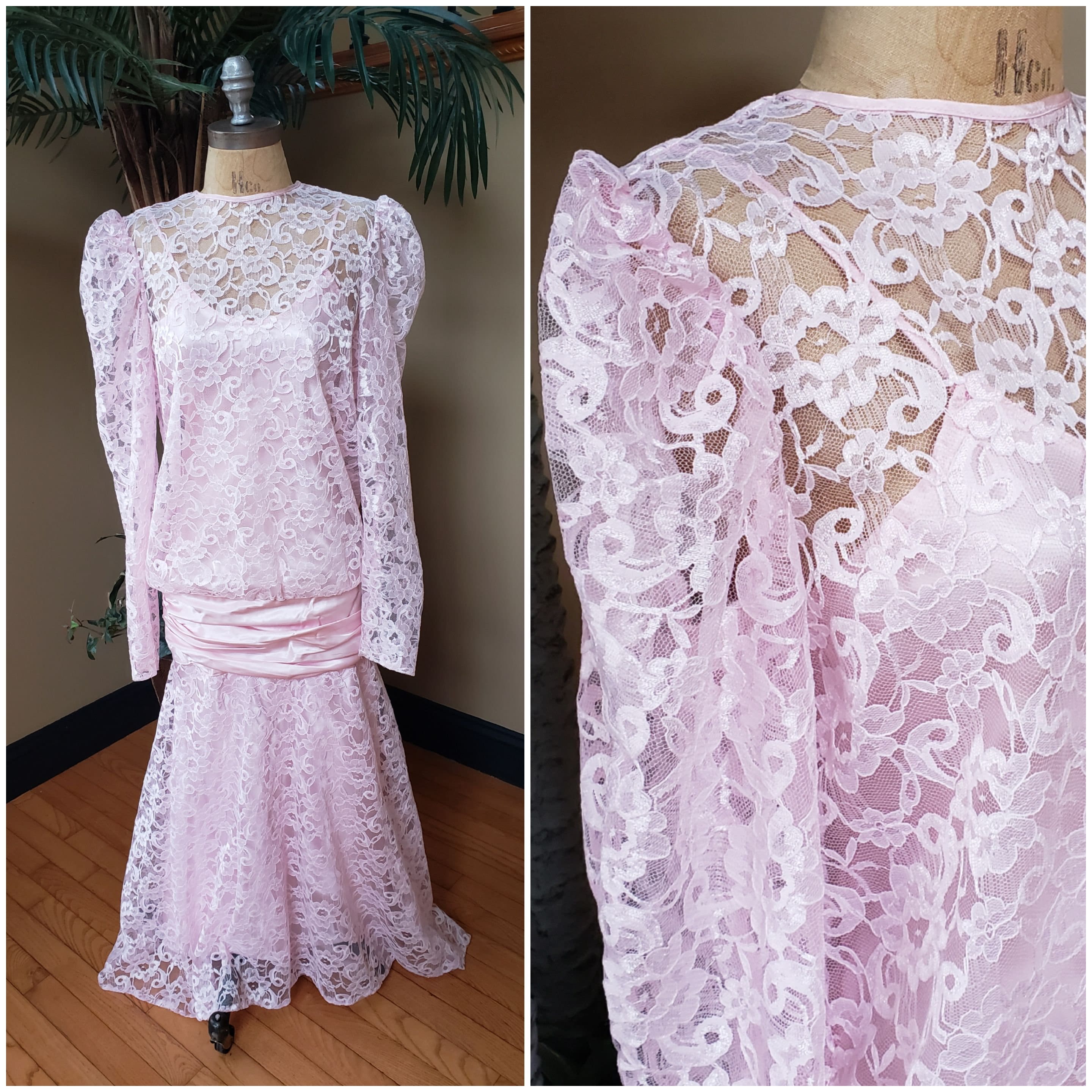 Vintage Pretty in Pink Drop Wasit Formal Dress_lace Overlay
