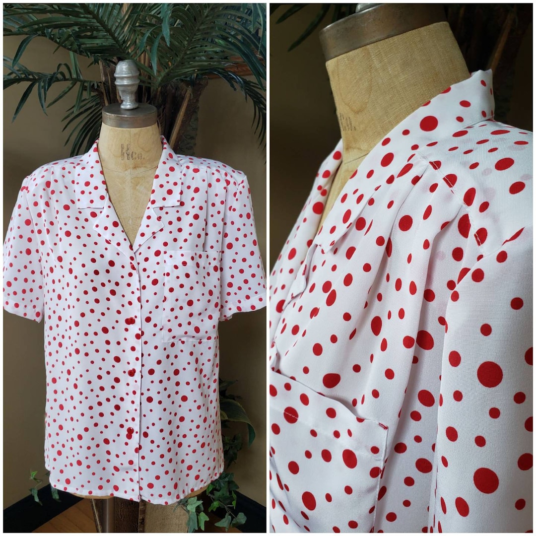 Vintage sand Sleeveless button shirt embroidery polka  ^^^ M to L