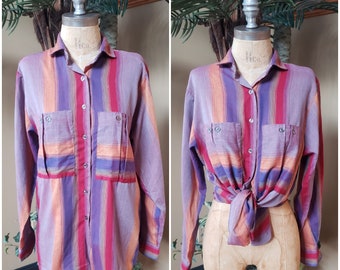 Vintage 80's Purple Pink Striped Shirt_Button Up Long Sleeve_Paper Thin_Large Double Pockets_Fits Women's Small_Comfy Cool