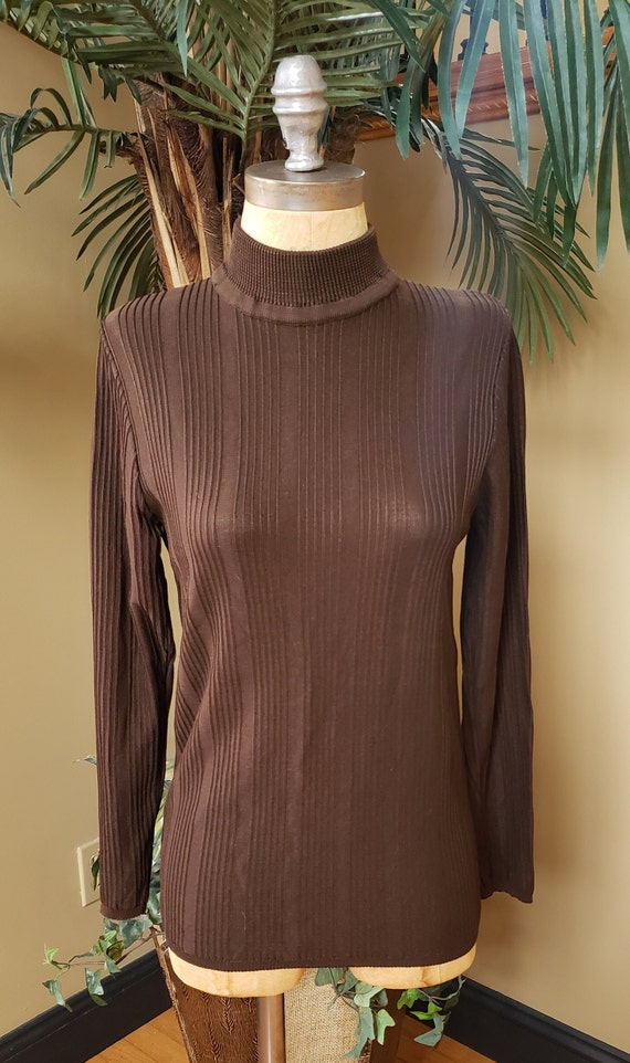 Vintage 70's Brown Ribbed Turtleneck Shirt Top Bl… - image 2