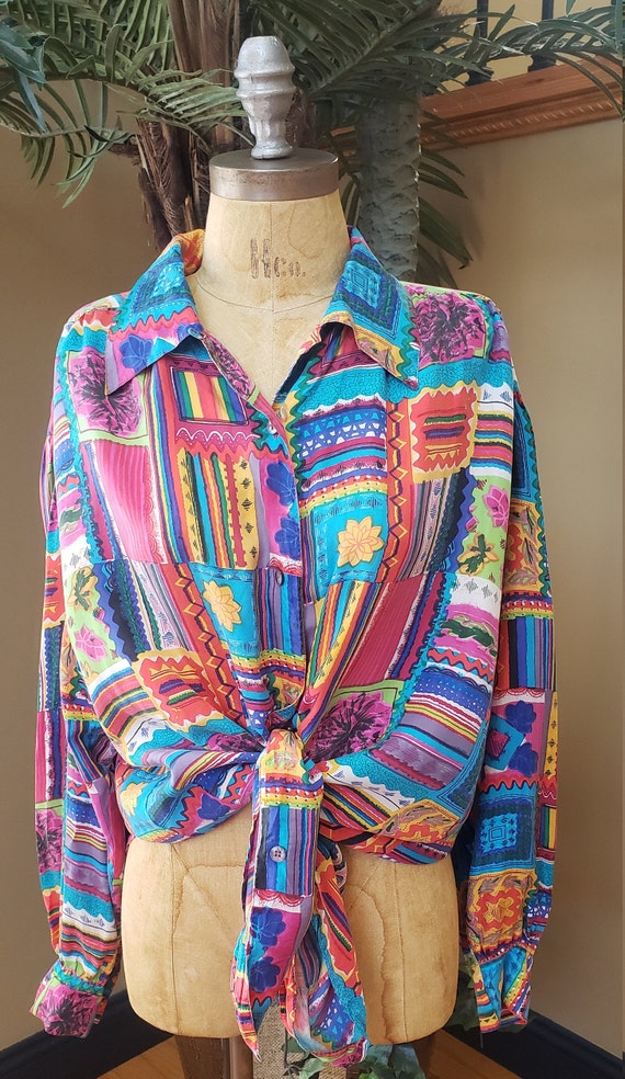 Vintage 70's 80's 90's Silk Button Up Blouse Shir… - image 4