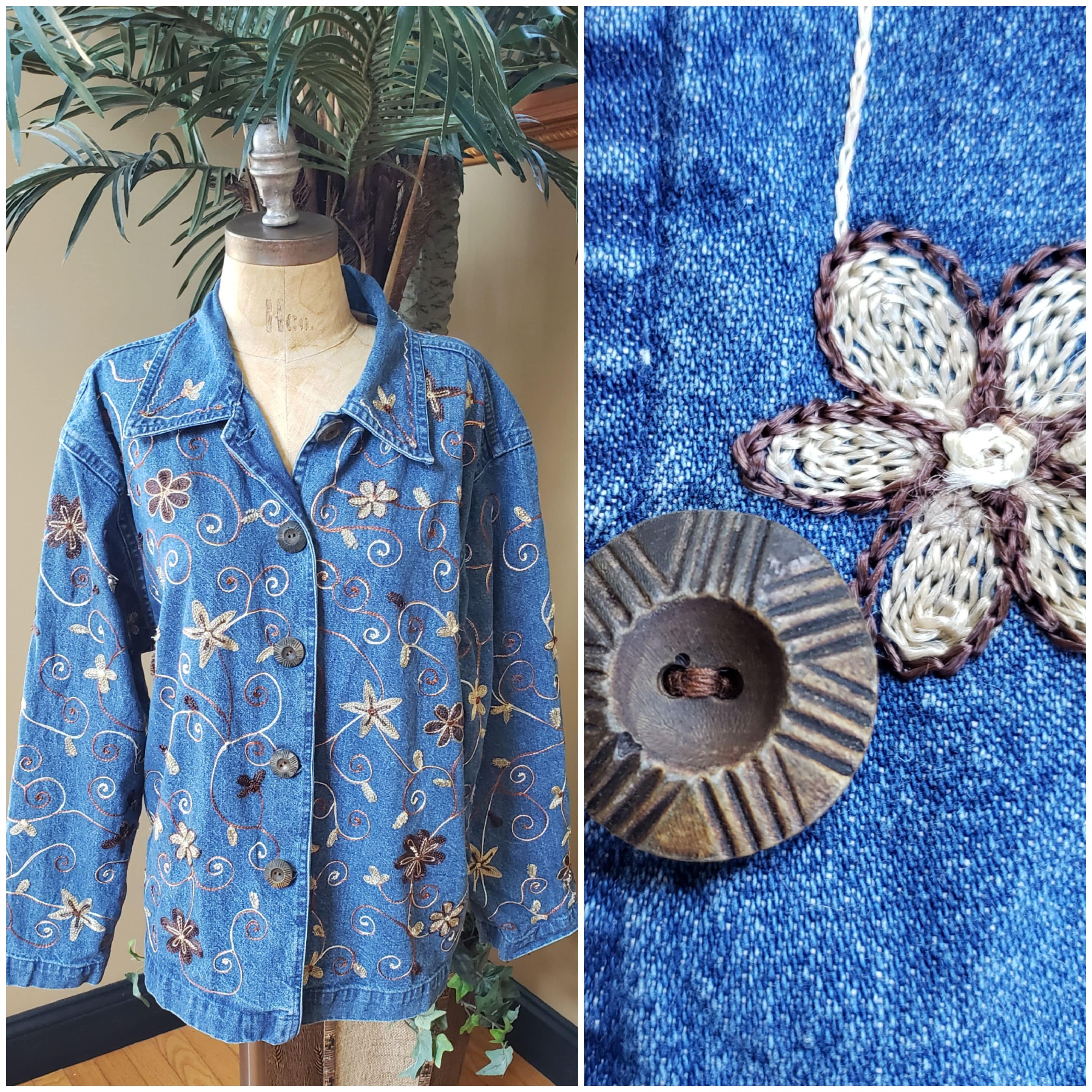 Vintage 90s 2000s Y2K CHICO'S Denim Embroidered Jacket