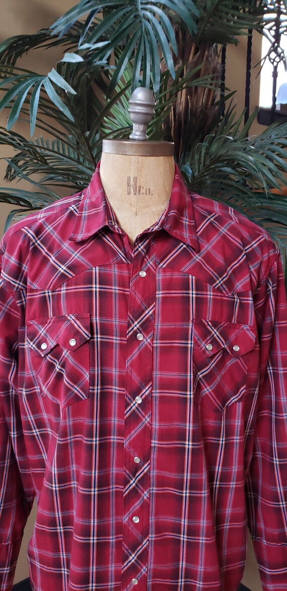 Vintage WRANGLER Western Burgundy Red Plaid Shirt… - image 3