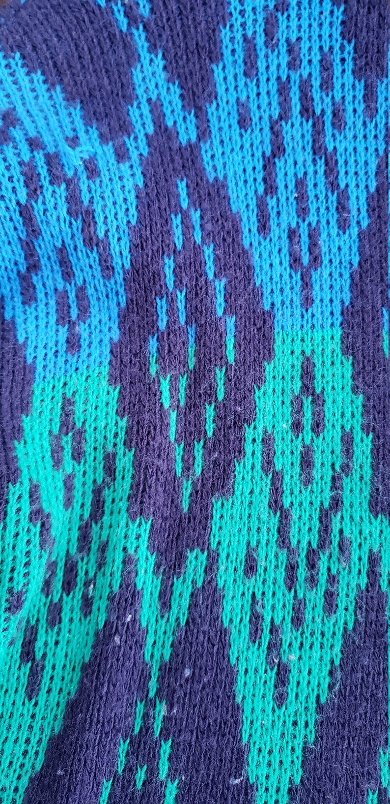 May include: Close-up of a knitted fabric with a blue, green, and purple pattern. The fabric is textured and has a fuzzy appearance.