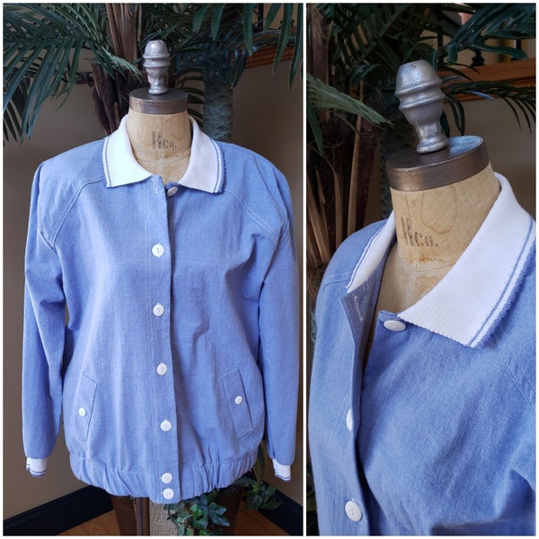 Vintage TEDDI Grandma Lightweight Button Up Jacket_White Baby Blue_Spring_Polo Collar_Women's Size Large L