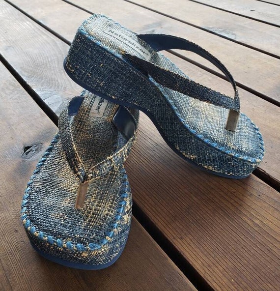 Very RARE Vintage Women s NATURALIZER Blue Raffia Straw Platform Wedge Heels Sandals Flip Flops Thongs 80 s 90 s Y2K Slip on Shoes Size 7 Etsy
