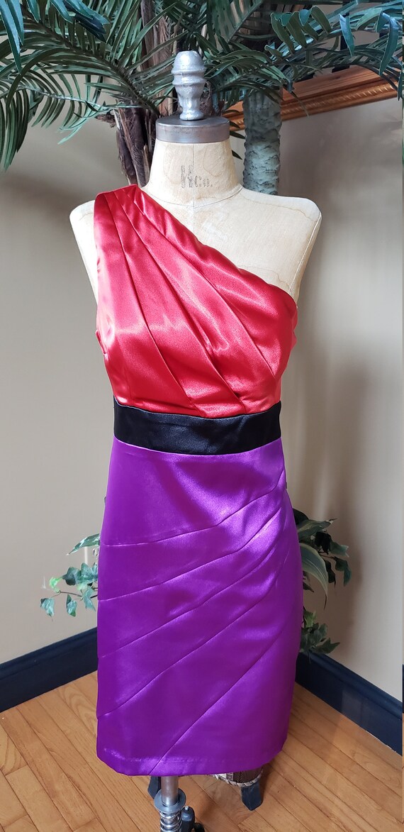 Vintage Sexy One Shoulder Satin Color Block Mini … - image 4