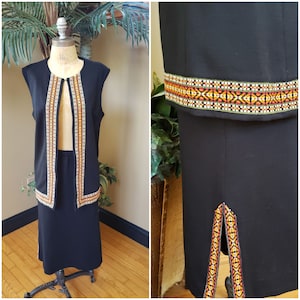 Vintage 70&#39;s Suit Skirt Set Sleeveless Vest Blazer R & K KNITS Embroidered Black Orange Green Fits Women&#39;s Size Large L 1970&#39;s 80&#39;s 1980&#39;s