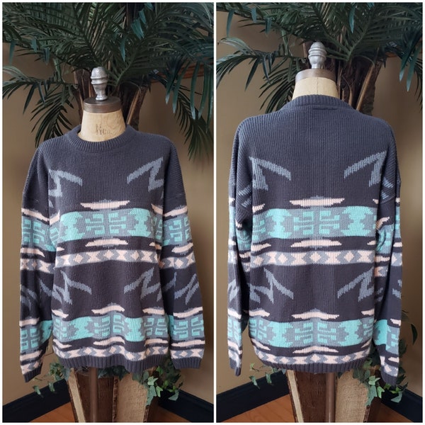 Vintage 80's 90's Southwest Sweater Southwestern Acrylic Geometric Gray Peach Mint Green Pastel Fits Women's Size Medium M Large  L