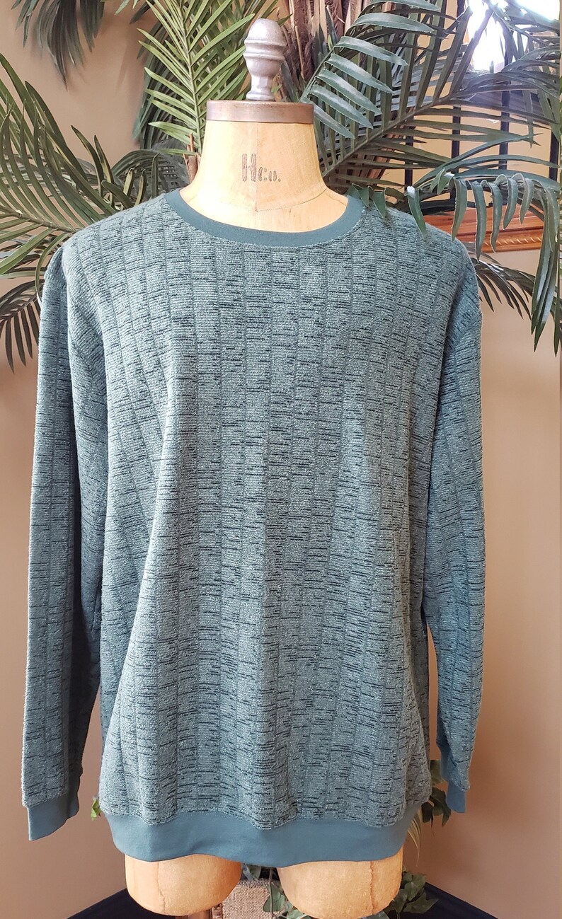 May include: A green long-sleeved sweater with a textured pattern. The sweater has a crew neck and a ribbed hem.