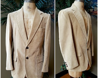 RARE Vintage 70's 80's  Corduroy Blazer Jacket Suit Coat_Beige Tan_SEARS Men's Store _Wooden Wood Buttons_Fits Mens Medium M Women's Large L