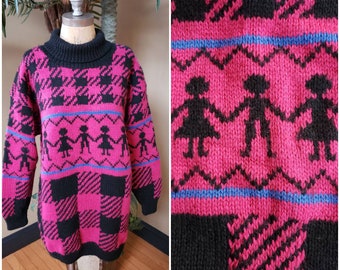 RARE Vintage Long Chunky Turtleneck Wool Sweater_Hot Fuchsia Pink Black_Stick People_ADREINNE VITTADINI_Fit up to Womens Large L_80's 90's