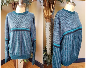 Vintage 80's 90's Sweater_Acrylic_Grandpa Dad_Teal Blue Green Gray_WEEKENDS_Striped_1980's 1990's_Fits Womens Up to Extra Large XL