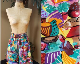 Vintage Comfy Festive Elastic Waist Shorts High Waist Waisted Rise Colorful M.L.SPORTS Fits up to at Least Medium M