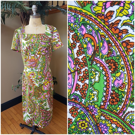 RARE Vintage 60's 70's Paisley Floral Dress_a-line_orange Pink