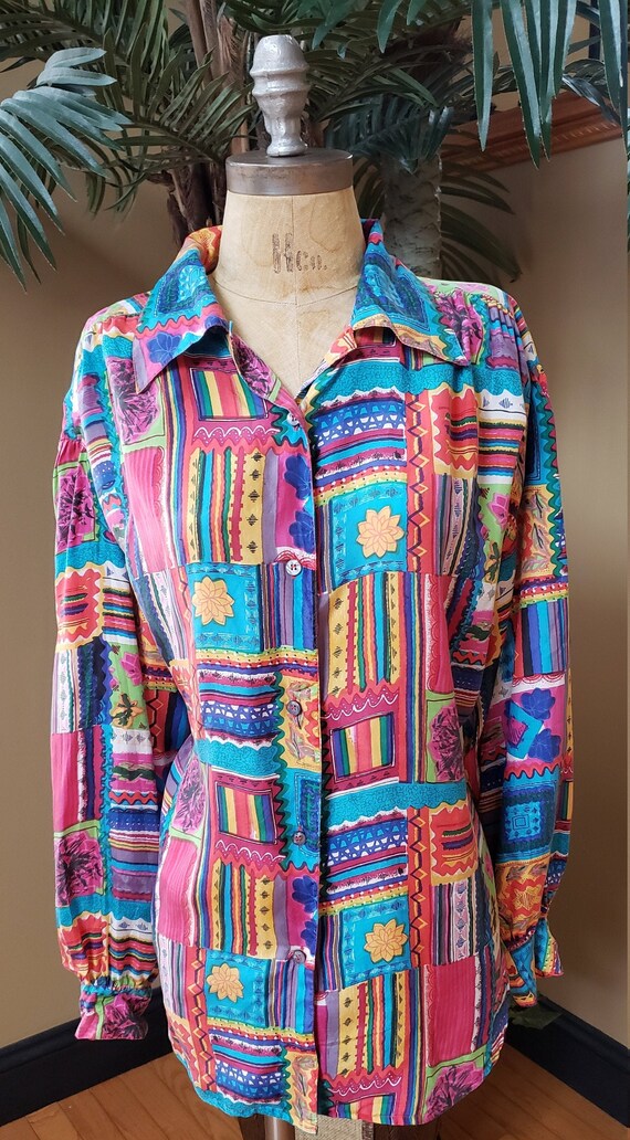 Vintage 70's 80's 90's Silk Button Up Blouse Shir… - image 3