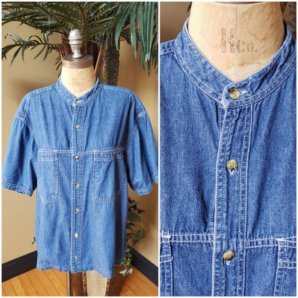 Vintage Denim Shirt Banded Mandarin Collar Button Up Boxy SAUGATUCK Dry Goods 80's 90's Fits Size Women's Large L Men's Medium M