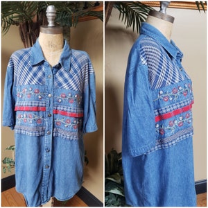 Vintage Embroidered Denim Short Sleeve Shirt_NAPA VALLEY_Farmhouse Country Floral Button Up Jean Top_80&#39;s 90&#39;s_ Womens Size Extra  Large XL