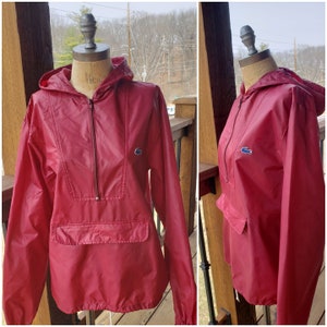 Vintage IZOD LACOSTE Thin Nylon Windbreaker Jacket_Athletic Half Zip_Hooded_Burgundy Red_Fits to Women&#39;s Size Medium M - Large L_Mens Small