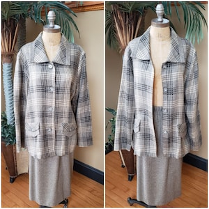 Vintage 90&#39;s Lightweight Suit Skirt Set Blazer Jacket IN CINO Black Gray Beige Plaid Fits Women&#39;s Size Medium - Large 10 12