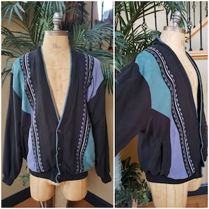 RARE Vintage St. Croix Cavato Grandpa Cardigan Sweater_ 80's Oversized_Purple Black_Colorblock_Coogi Style_Size Men's L Large Extra Large XL