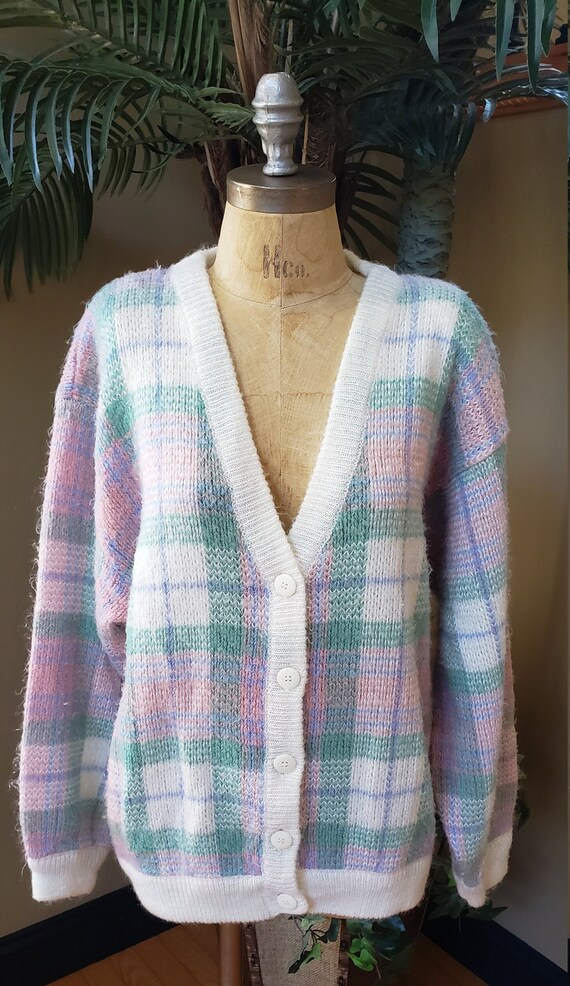 Vintage 80's 90's Cardigan Sweater_Acrylic Plaid … - image 2